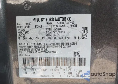 2007 Ford F-150 Stx/Xl/Xlt из США, поврежденный, VIN 1FTRX12W07NA54762